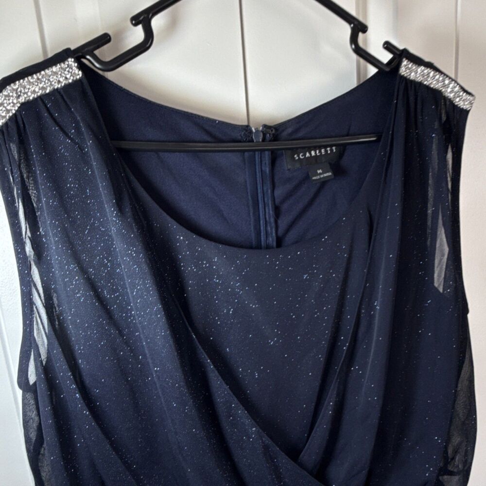 Scarlett Navy Blue Sheath Dress Beaded Glitter Sleeveless Knee Length Women's 14